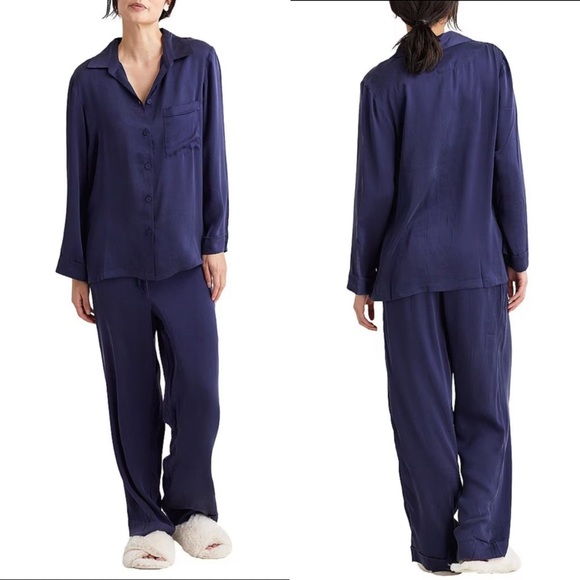 Papinelle Audrey Washable Silk Full-Length Pajama Set Size Large NWT - Navy - Picture 1 of 16
